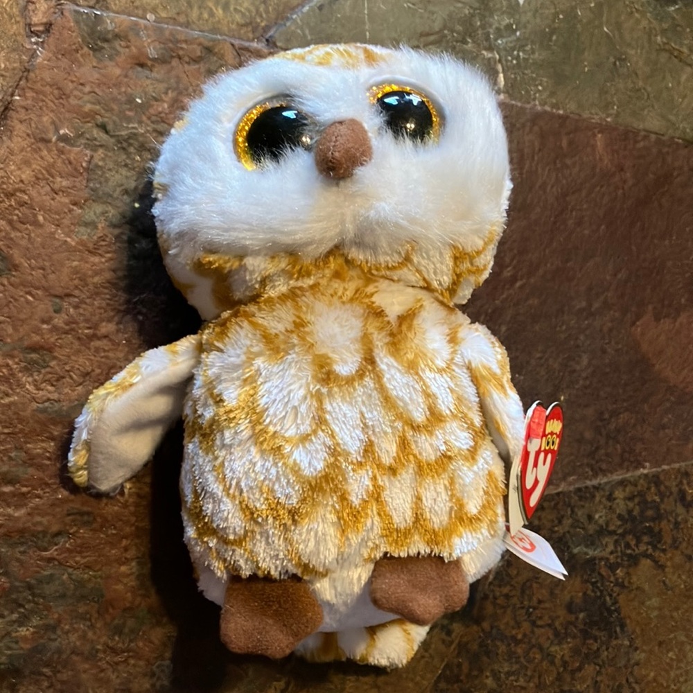 Ty Beanie Boos Swoops White‎ and Gold Owl Plush with Large Eyes